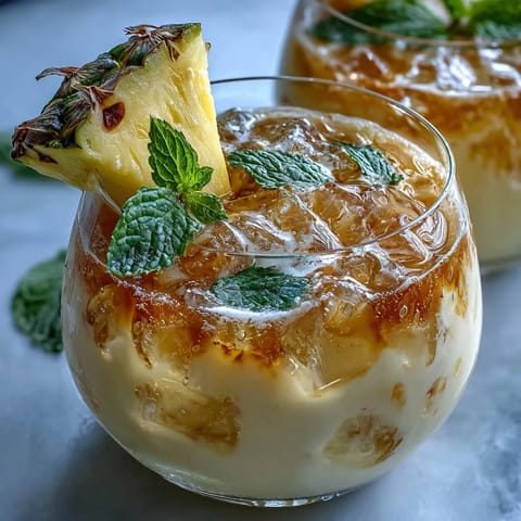 Refreshing pineapple coconut agua fresca with sweet tropical pineapple and creamy coconut milk, served over ice with mint garnish.