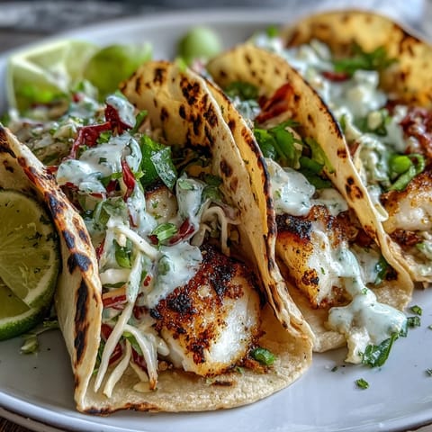 Fresh coconut lime grilled fish tacos with flaky white fish, zesty slaw, and creamy coconut crema in warm tortillas.