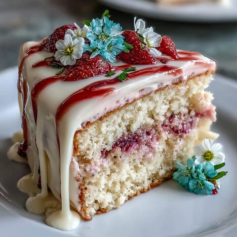 Beautiful Spring Cake with floral white chocolate drip and strawberry frosting, perfect for festive celebrations and elegant gatherings.