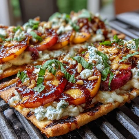Grilled flatbread with juicy peaches, melted Brie, and smoky BBQ sauce—summer appetizer perfection.