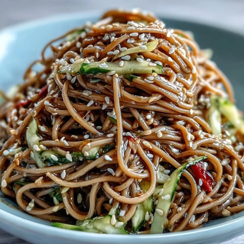 Chilled soba noodle salad with sesame ginger dressing, vibrant and refreshing summer side.