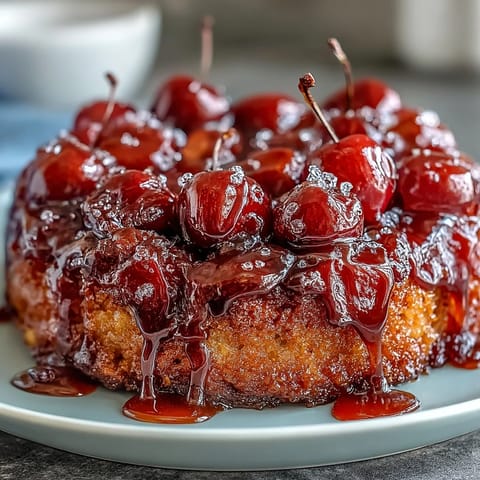 Caramelized cherry almond upside-down cake glistening, showcasing sweet fruit and fluffy batter.