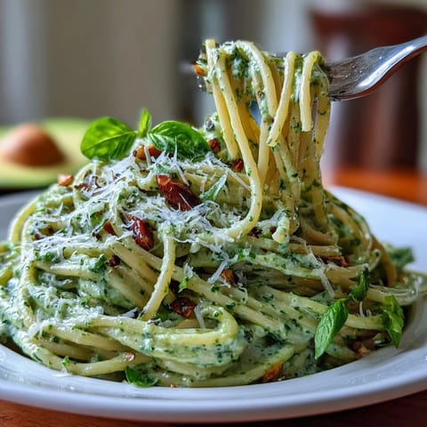 Vibrant Creamy Avocado Pesto Pasta, showcasing fresh basil coating al dente spaghetti.
