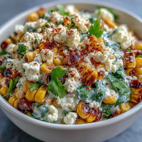 Vibrant Mexican Street Corn Salad with charred corn and crumbled cotija cheese.
