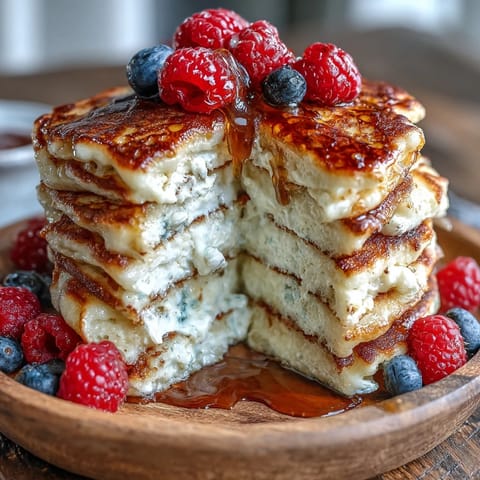 Golden Icelandic Skyr Pancakes piled high, topped with fresh berries and syrup.