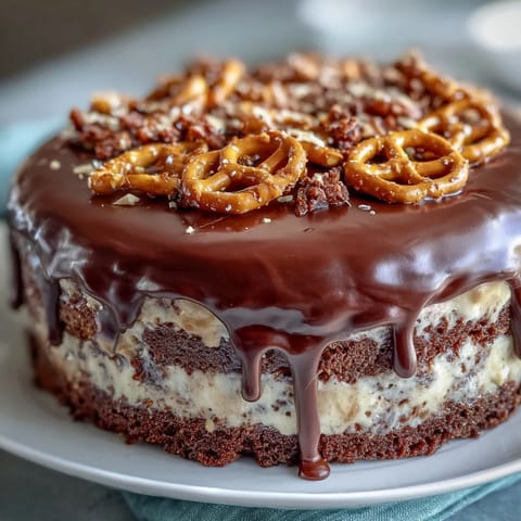 Rich Father's Day Chocolate Peanut Butter Pretzel Cake adorned with crunchy pretzels.
