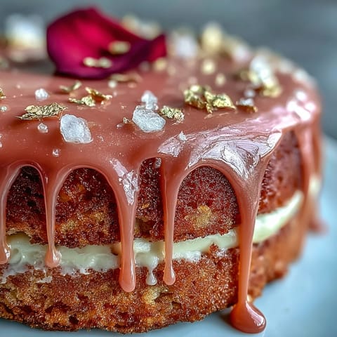 Bridal Shower Rosé Velvet Cake: elegant pink layers with decadent gold drizzle.