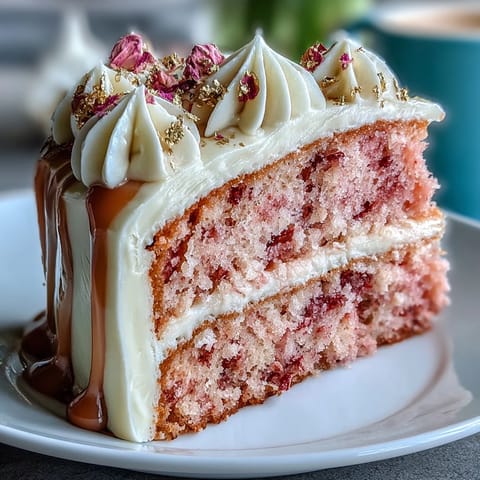 Elegant pink Rosé Velvet Cake with shimmering edible gold accents.