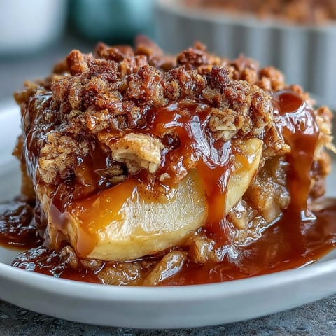 Warm Father's Day Whiskey Caramel Apple Crisp with bubbling fruit and golden crumble.