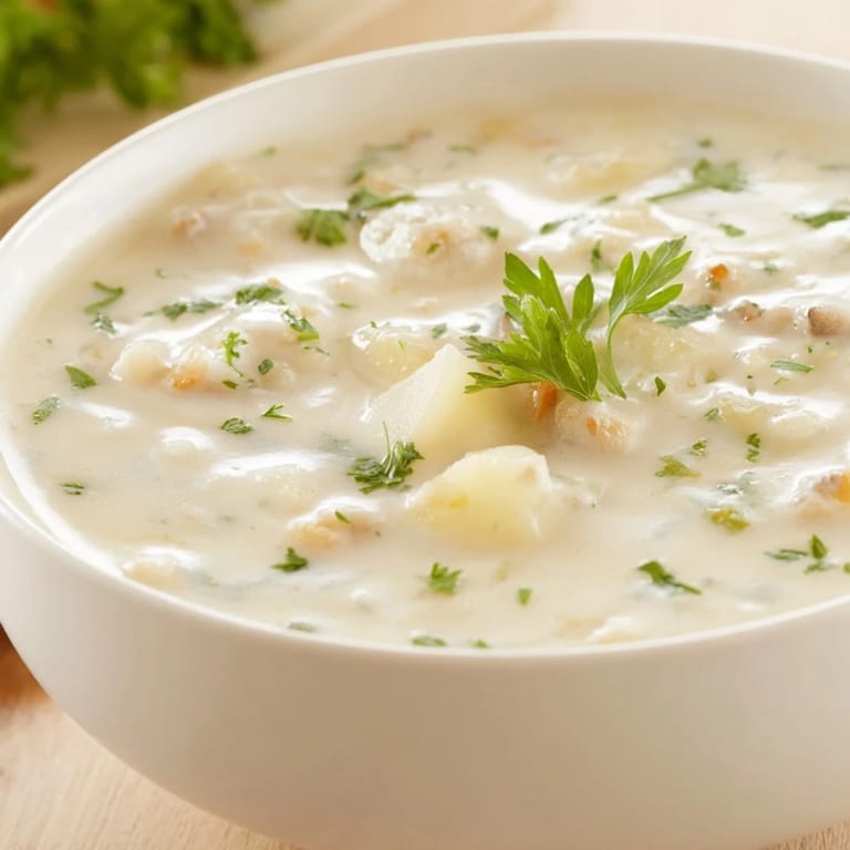 This inviting photo shows a steaming bowl of homemade Clam Chowder, ready to be enjoyed.
