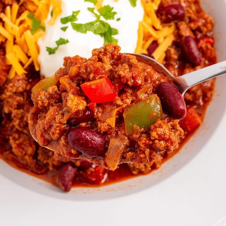Spoonful of flavorful Chili con Carne with kidney beans, a hearty meal for a cold evening.