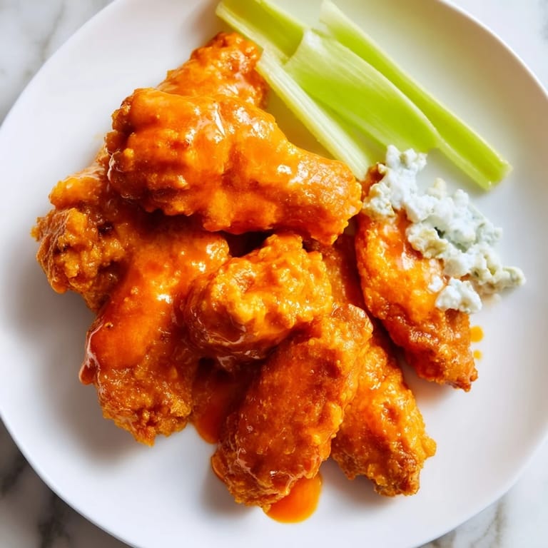 A pile of savory Buffalo wings, coated in a vibrant red sauce, paired with crunchy celery.