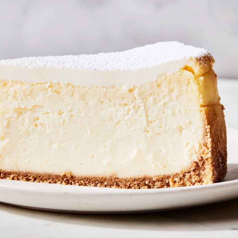 Close-up of a decadent New York cheesecake, showcasing the dense texture and golden crust, ready to enjoy.