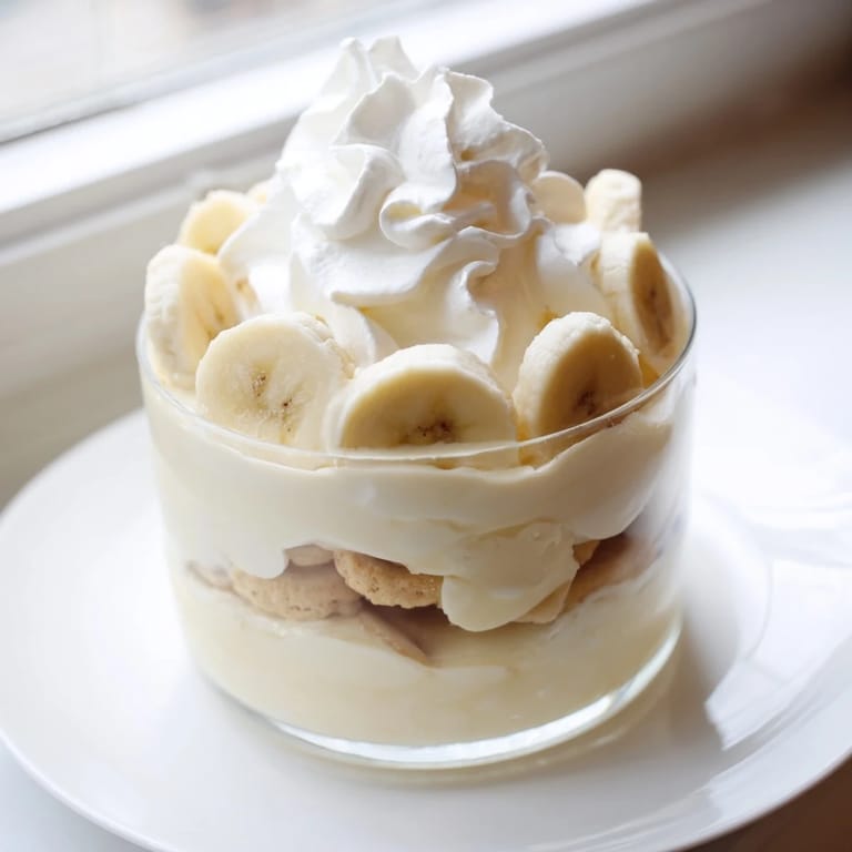 A close-up view of layered banana pudding, a classic Southern dessert with a fluffy whipped cream topping.