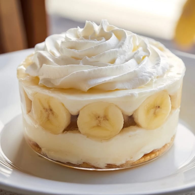 Beautifully arranged banana pudding, featuring golden vanilla wafers and fresh banana, ready to be enjoyed.