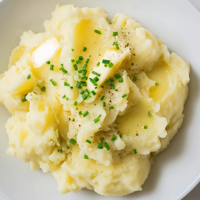 A bowl of homemade mashed potatoes, garnished with fresh herbs, a comforting side dish.