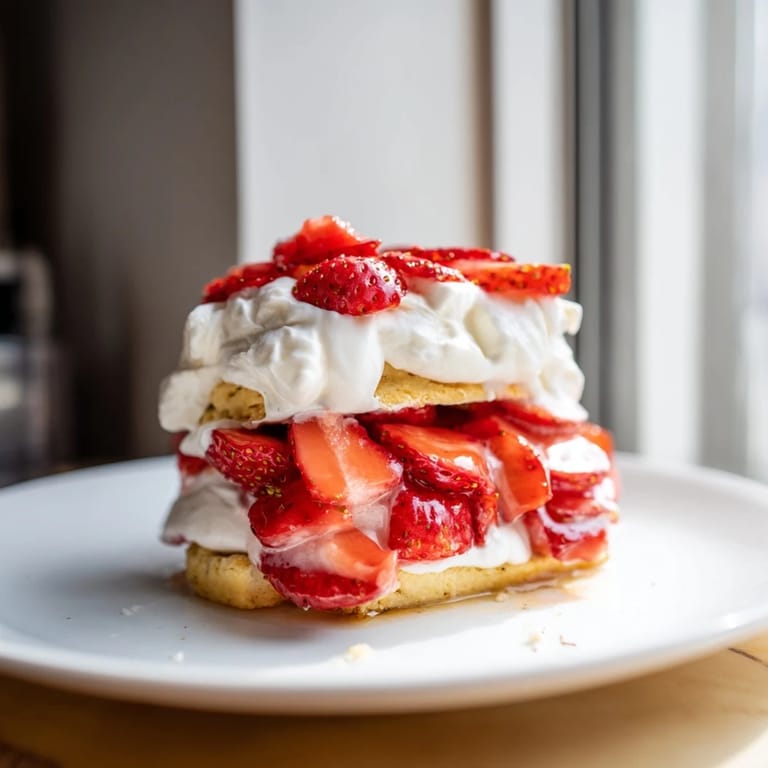 Fresh, layered strawberry shortcake dessert: warm biscuits meet ripe strawberries and fluffy whipped cream.