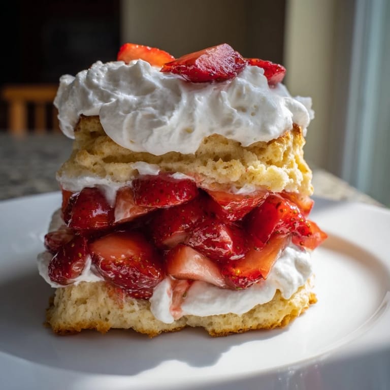 A close-up of a sweet strawberry shortcake, ideal for summer, with a perfect cream and berry ratio.