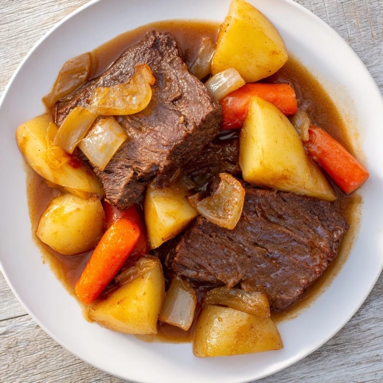 Close-up of a steaming bowl of comforting Beef Pot Roast, ready to be sliced and served.