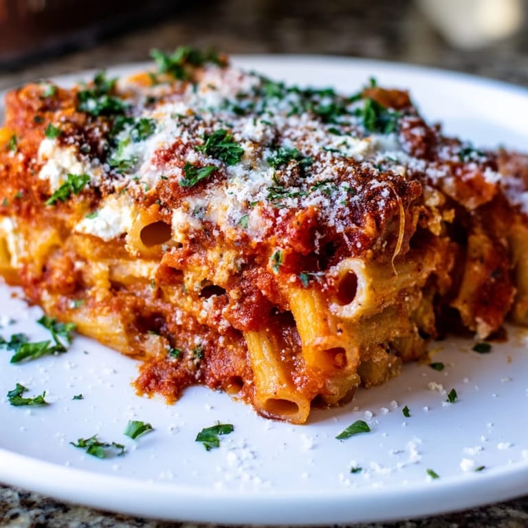 Golden-topped Baked Ziti shows off layers of pasta, creamy ricotta, and mozzarella glistening with deliciousness.