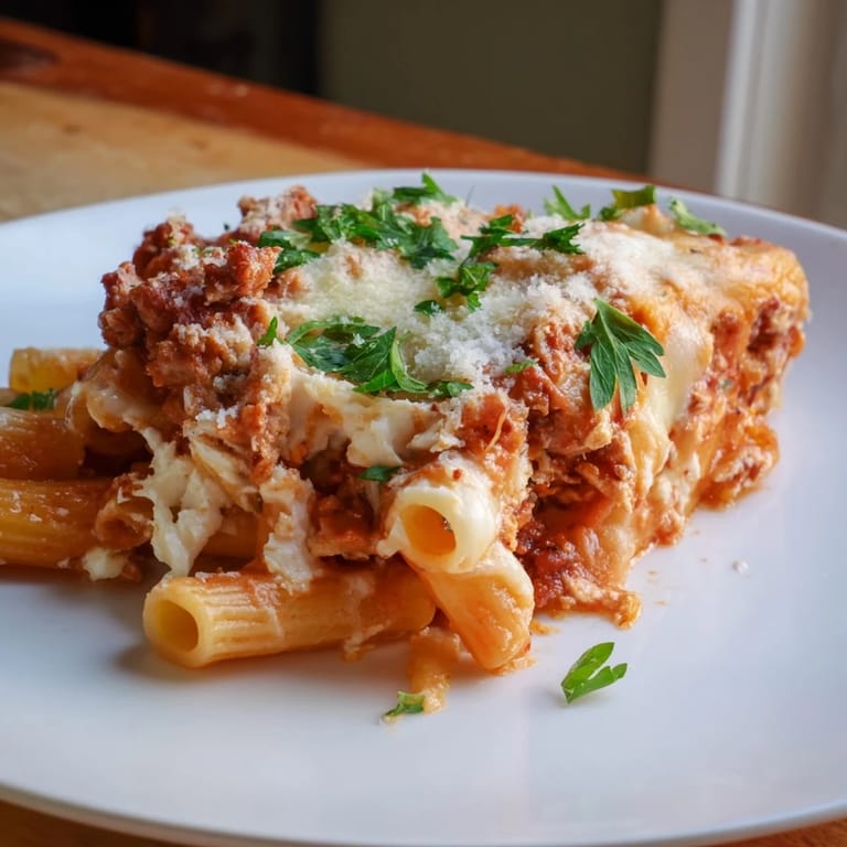 Enjoy a close-up of cheesy, savory Baked Ziti, a comforting Italian-American pasta dish baked to perfection.