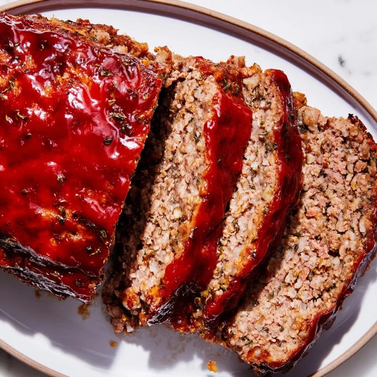 Juicy, seasoned meatloaf recipe with a glistening ketchup glaze, ideal for a comforting family dinner.