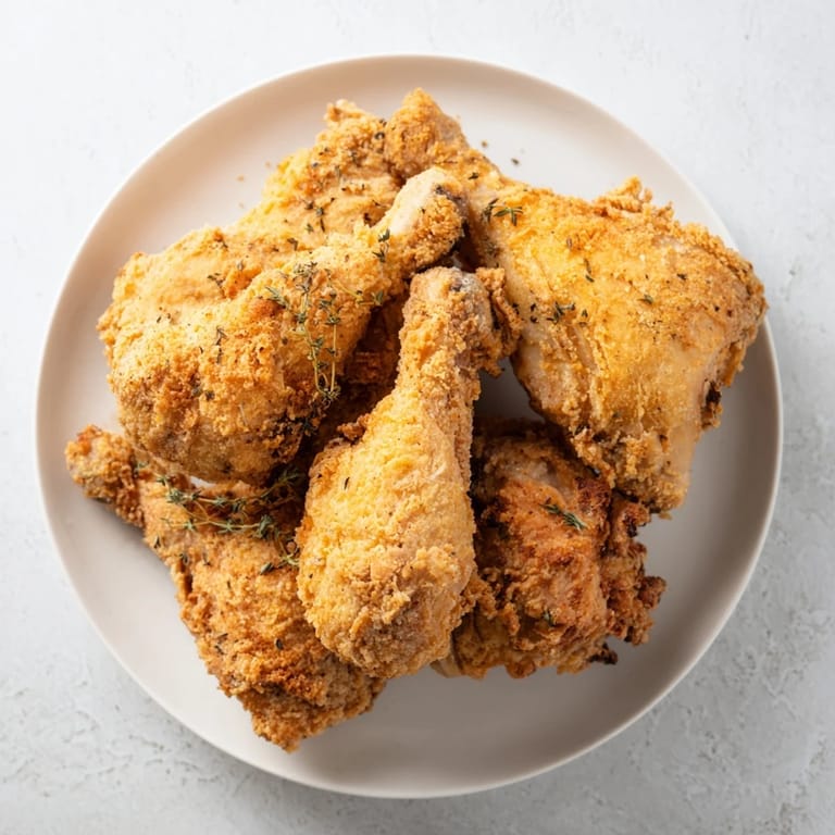 Classic American fried chicken, pictured with beautifully browned skin, ready to be served hot.