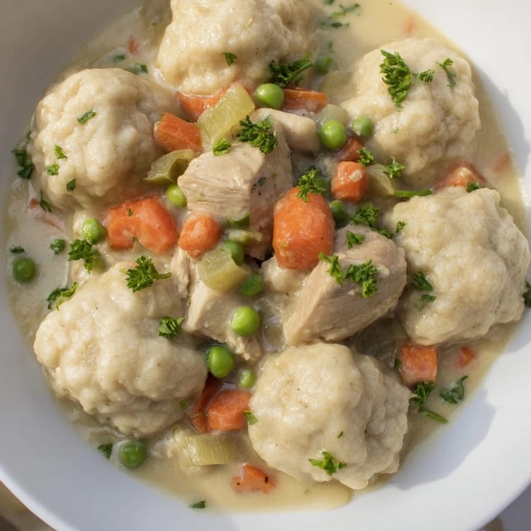A close-up shot shows a comforting bowl of homemade chicken and dumplings, ready to serve.