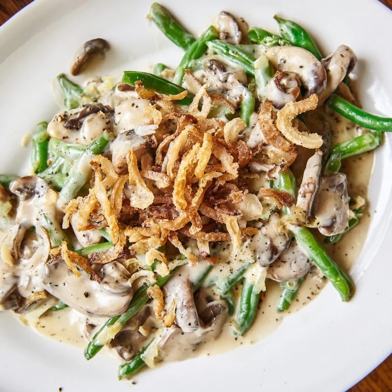 Creamy homemade green bean casserole, a savory side dish perfect for holiday meals and potlucks.