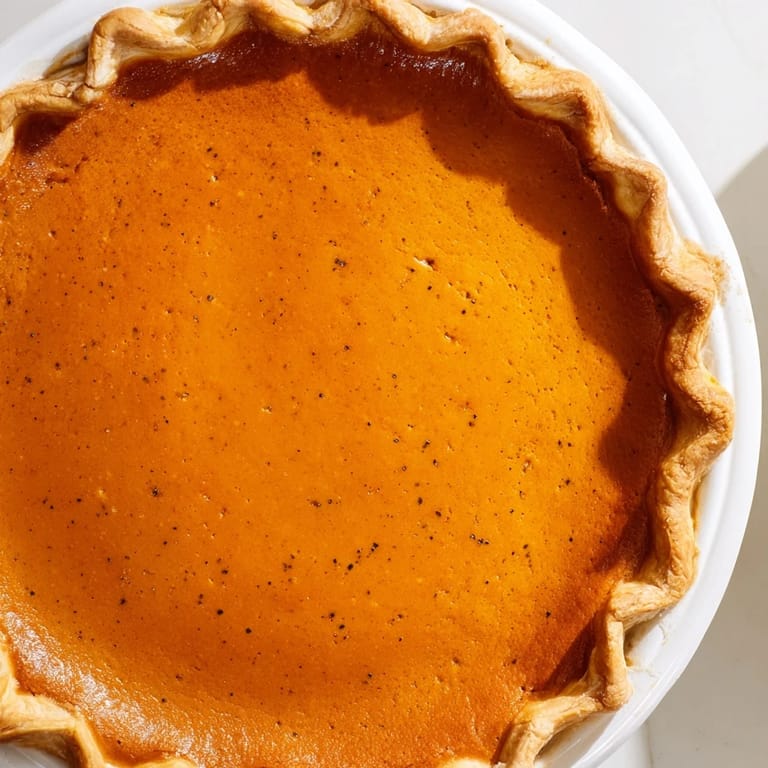 A slice of pumpkin pie, creamy filling contrasted by its flaky, golden-brown crust.