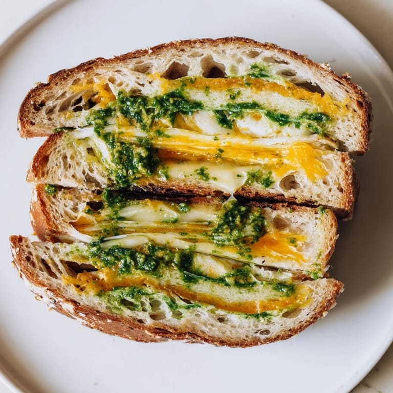 Spinach pesto grilled cheese on toasted sourdough offers a garlicky twist, ready to pair with a simple green salad.