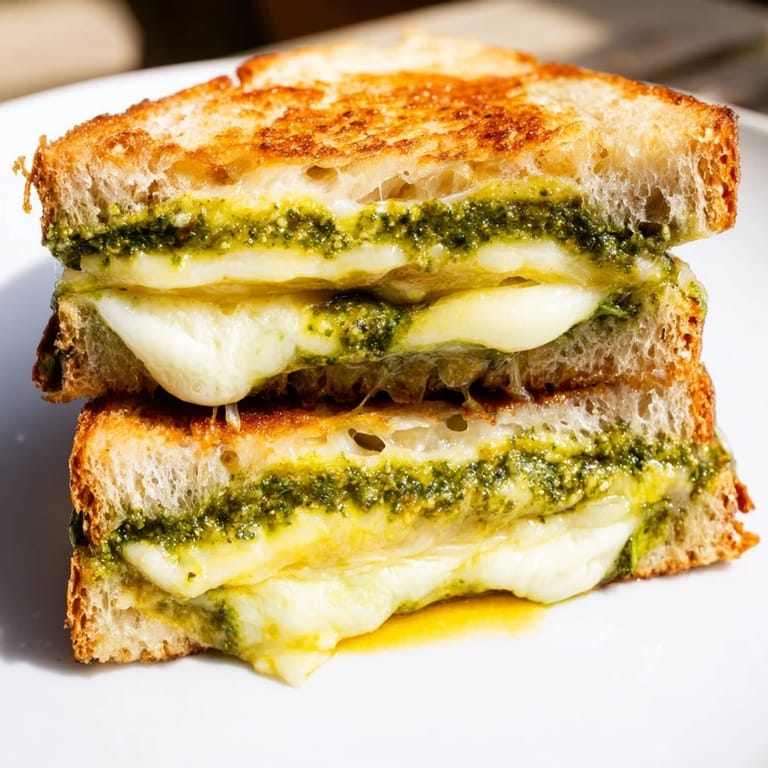 Golden grilled cheese sandwiches with spinach pesto are served warm, featuring melted mozzarella and sharp cheddar for a satisfying lunch.  