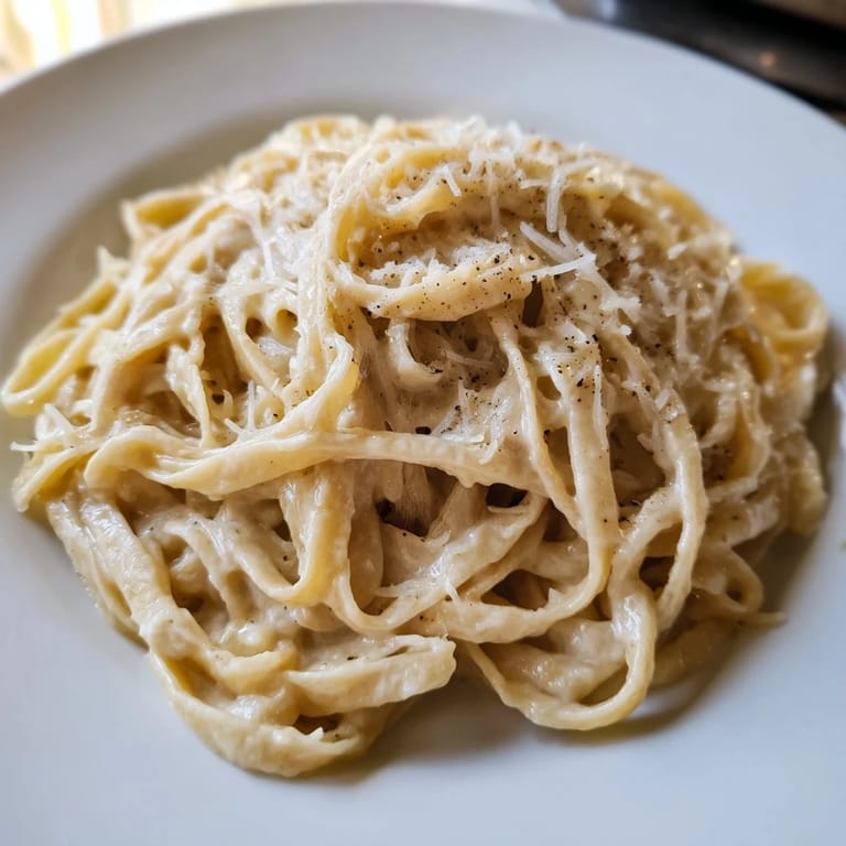 A close-up of Roasted Garlic Cream Pasta twirled on a fork, with melted Parmesan and freshly ground black pepper.  
