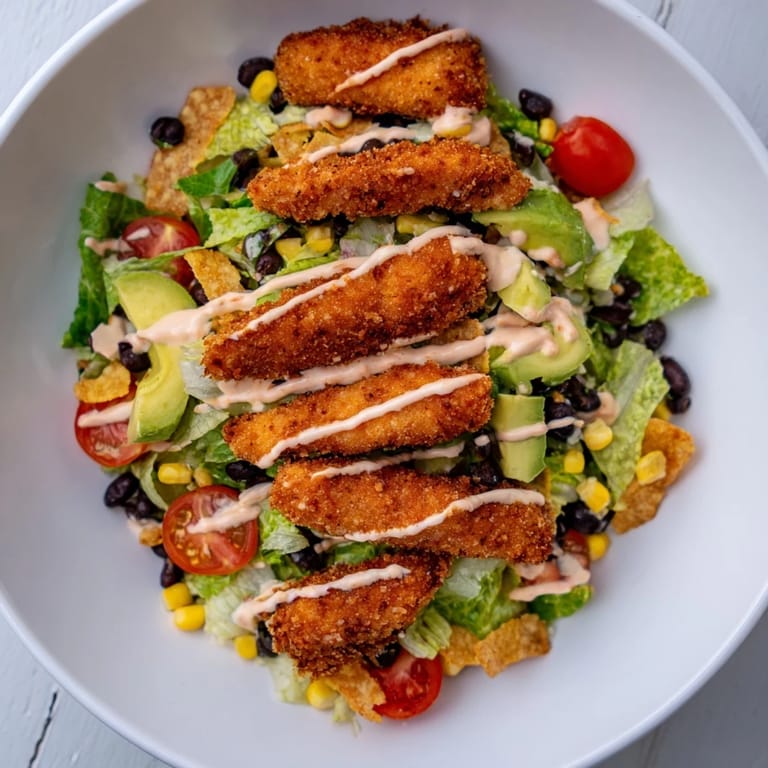 Fresh avocado, cherry tomatoes, and shredded cheddar cheese mingle with spiced chicken in this hearty Crispy Chicken Taco Salad for a quick Tex-Mex dinner.