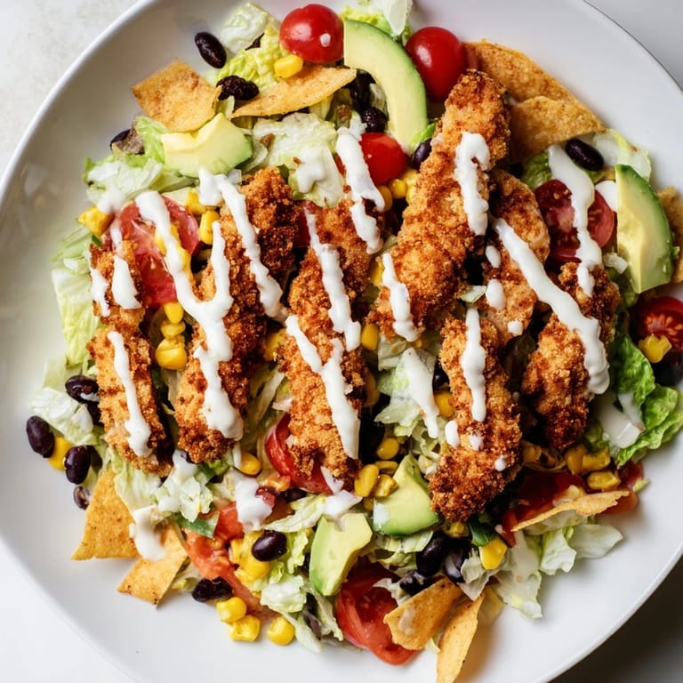 A close-up of golden breaded chicken pieces, crisp lettuce, and vibrant veggies drizzled with creamy salsa ranch over a bed of crunchy tortilla strips.