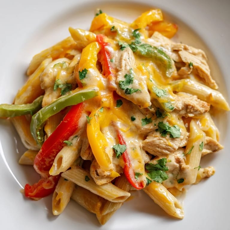 The easy one-pan Chicken Fajita Pasta Skillet features al dente penne pasta tossed with tender chicken and zesty Tex-Mex spices for a quick weeknight dinner.