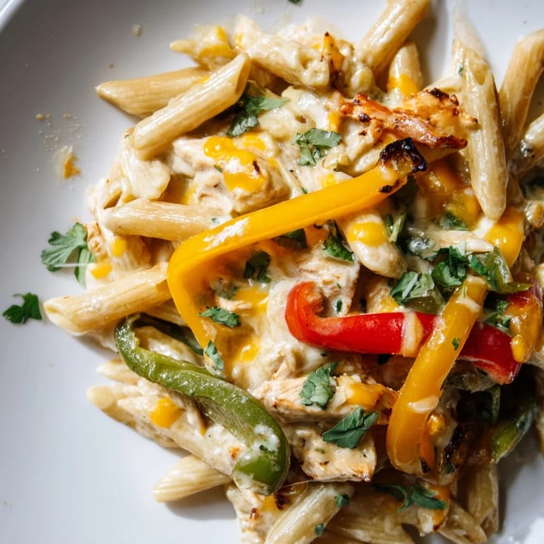 A close-up of the bubbling Chicken Fajita Pasta Skillet reveals juicy chicken, sautéed vegetables, and a rich, cheesy sauce garnished with fresh cilantro.