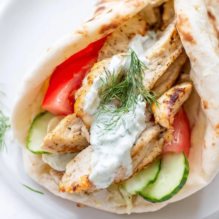 A close-up of a Greek Chicken Wrap, showing juicy grilled chicken and vibrant veggies drizzled with cool tzatziki sauce.  
