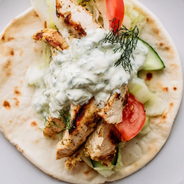 Golden grilled chicken strips piled in a Greek Chicken Wrap with cucumber, tomato, and tangy tzatziki in fluffy pita.