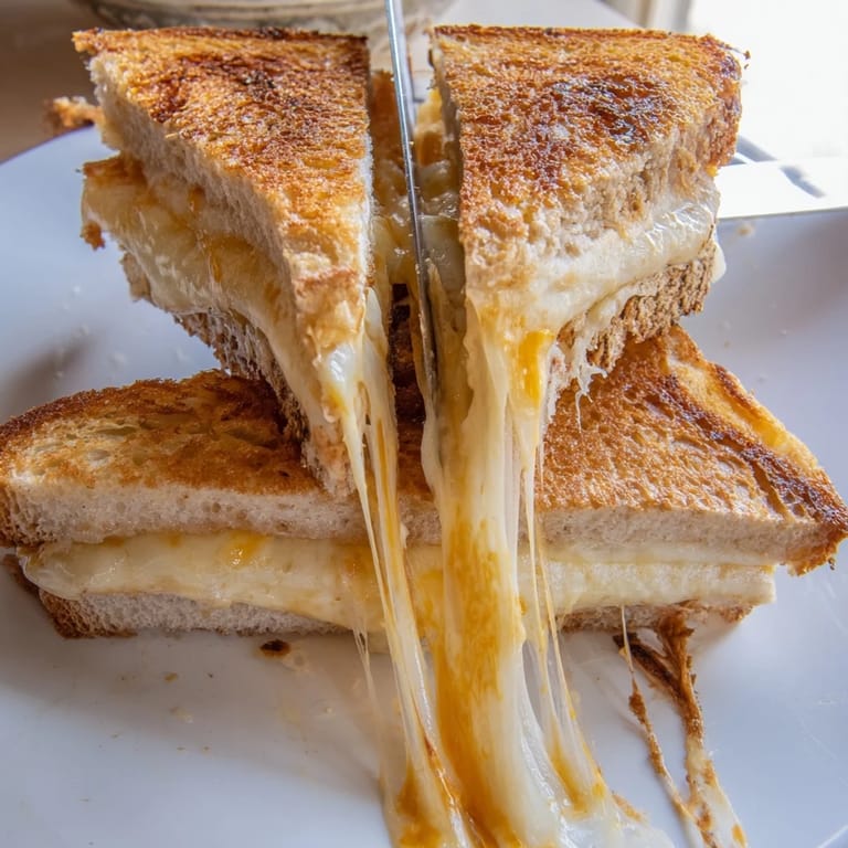 Buttery, pan-fried Triple Cheese Sourdough Grilled Cheese with three melty cheeses, served hot on a wooden board next to a fresh green salad.  