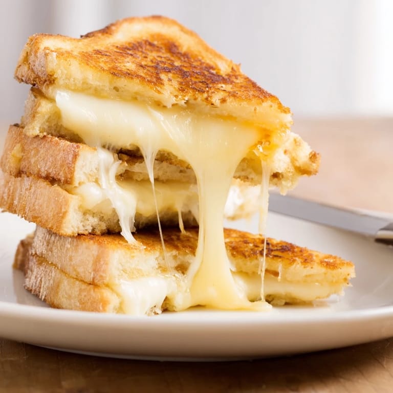 A close-up view of the ultimate Triple Cheese Sourdough Grilled Cheese, showing gooey cheese pulling away from the golden-brown, crunchy bread.