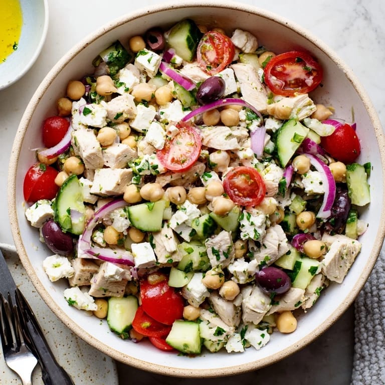 Fresh Mediterranean Chickpea Chicken Salad featuring crisp cucumbers, halved cherry tomatoes, and vibrant parsley tossed with chickpeas and tangy dressing.  