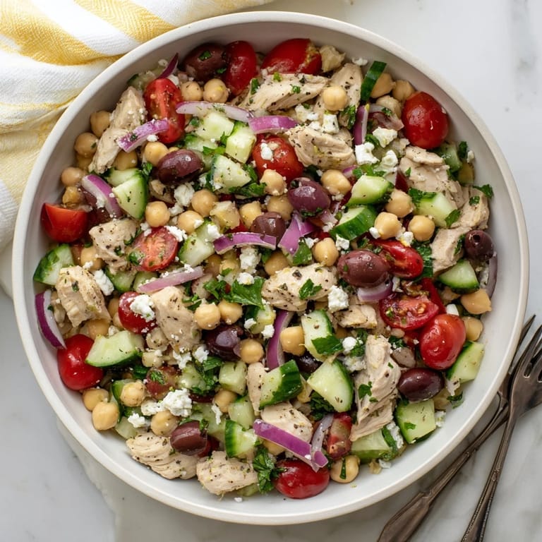 Appetizing Mediterranean Chickpea Chicken Salad served in a white bowl, garnished with red onion slices and ready for a light, protein-packed lunch.