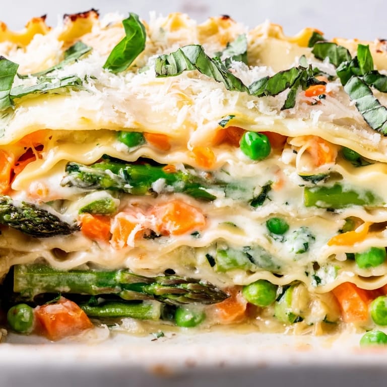A freshly baked Spring Veggie Alfredo Lasagna rests on a wooden table, inviting a spring family dinner with golden, bubbly cheese and a side of crusty garlic bread.