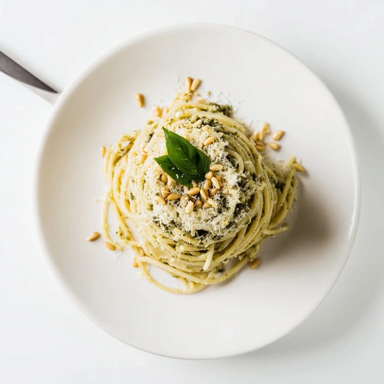 Fork twirling a bite of Creamy Sunflower Seed Pesto Pasta, garnished with fresh basil leaves and a light dusting of Parmesan cheese.