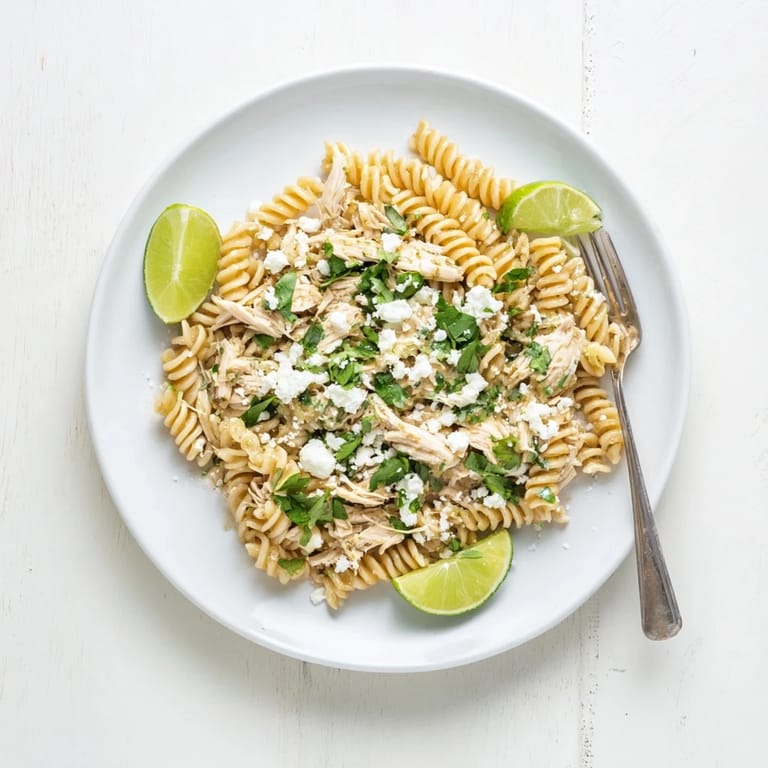 A close-up of Cilantro Lime Chicken Pasta shows creamy sauce, fresh cilantro, and lime wedges on the side.