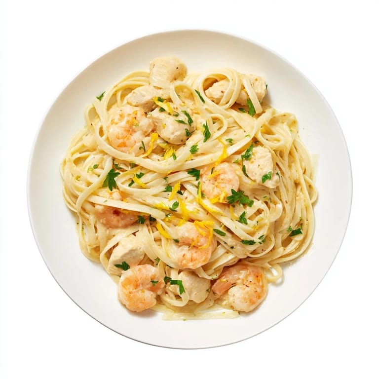 Savory Lemon Garlic Shrimp & Chicken Pasta plated with fresh parsley and lemon wedges, ready to be served as a vibrant Italian-American weeknight dinner.