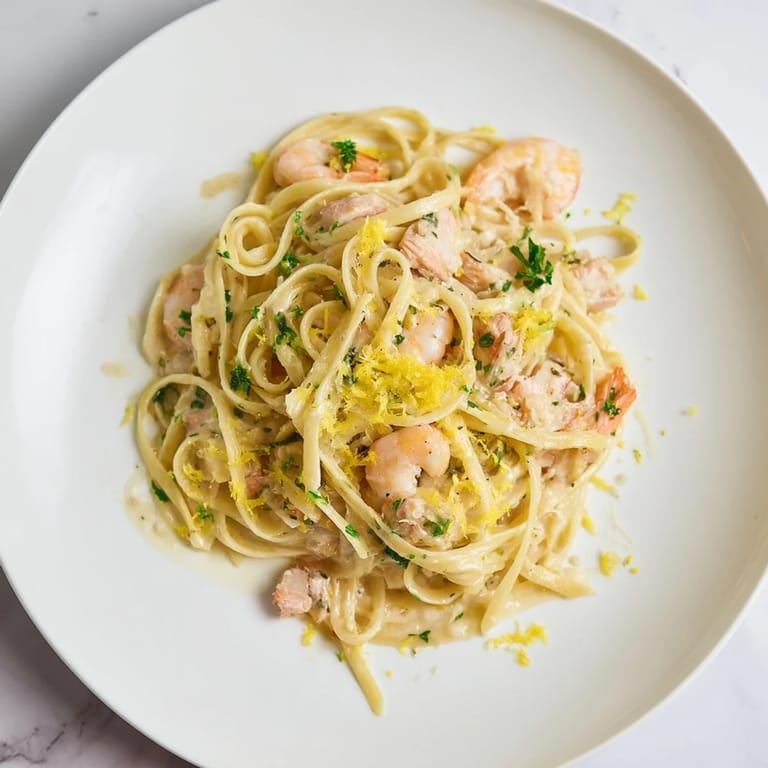 Two forks twirl into a hearty serving of Lemon Garlic Shrimp & Chicken Pasta, highlighting tender shrimp and juicy chicken in a zesty, buttery sauce.