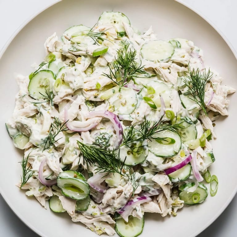 Creamy Cucumber Chicken Salad plated for summer lunch, featuring a creamy dill yogurt dressing drizzled over shredded chicken and thinly sliced cucumbers.