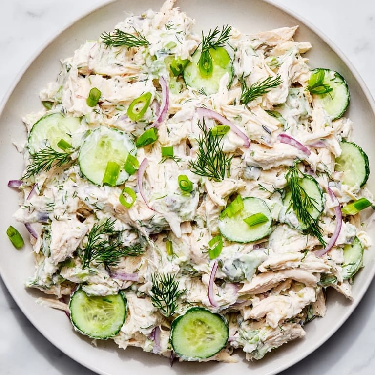 A close-up of Creamy Cucumber Chicken Salad showing creamy dressing clings to chicken, cucumber, and red onion, garnished with fresh dill and green onions.  
